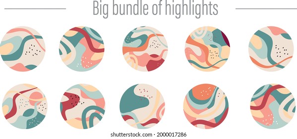 Big Set of various vector highlight covers. Various shapes, lines, spots, dots, doodle objects. Hand drawn templates. Round icons for social media stories. Perfect for bloggers