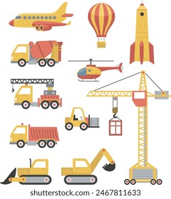 Big set of various vehicles. Special machines for construction work. Tower Crane, excavators, tractors, bulldozers, trucks. Aerial transportation plane, helicopter hot air balloon and space rocket