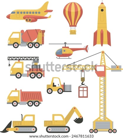 Big set of various vehicles. Special machines for construction work. Tower Crane, excavators, tractors, bulldozers, trucks. Aerial transportation plane, helicopter hot air balloon and space rocket