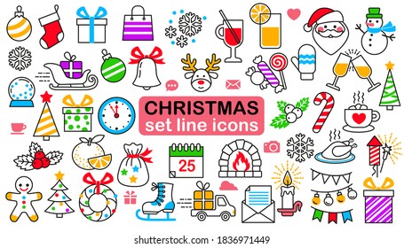 Big set vecctor line icon in minimalist style for christmas and new year design. Isolated elements on white background. Simple contour style