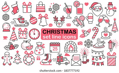 Big set vecctor line icon in minimalist style for christmas and new year design. Isolated elements on white background. Simple contour style