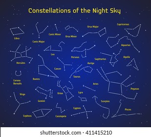 Big set of vector 28 constellations. Collection of zodiac constellations of the night sky. Elements for design flyers astronomical, astrological business cards, websites and packaging