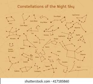 Big set of vector 28 constellations. Collection of zodiac constellations of the night sky. 