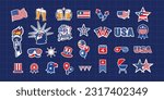 Big set of vector American stickers. Elements of united states. The collection includes usa flag, 4th July, star, barbecue, balloons, fireworks, etc. Icon, sign, symbol, label vector illustration.
