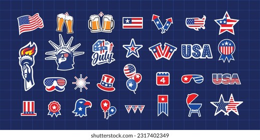 Big set of vector American stickers. Elements of united states. The collection includes usa flag, 4th July, star, barbecue, balloons, fireworks, etc. Icon, sign, symbol, label vector illustration.