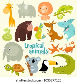 Big set of vector animals. Tropical animals. cartoon animals. lion, giraffe, gorilla, crab, shark, snake, elephant, rhinoceros, parrot, koala, kangaroo, crocodile, turtle

