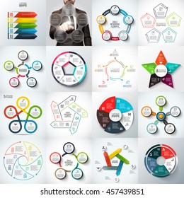 Big set of vector arrows, pentagons, circles and other elements for infographic. Business concept with 5 options, parts, steps or processes. Blur background.