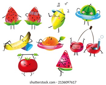 big set vector art stickers cute fruit on vacation in summer, clipart, illustrations