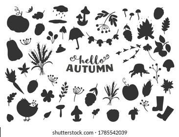 Big set of vector autumn clipart silhouettes. Cute black and white fall season icons pack for prints, stickers. Funny shadows of vegetables, plants, pumpkins, mushrooms, leaves, birds 
