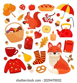 Big set vector autumn illustrations Fall cute cartoon style elements  Sweater  fox  squirrel  autumn leaves  umbrella  wicker basket and mushrooms isolated white background 

