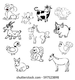 Big set of vector baby animals. Isolated outline cartoon collection