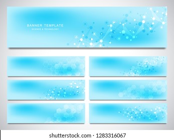 Big set of vector banners and headers for site with molecules background and neural network. Genetic engineering or laboratory research. Abstract background for medical, science and technology design