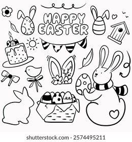 Big set of vector black doodle elements for Easter: bunny with egg, Easter cake, lettering, basket with eggs, bunny ears with flowers, eggs with ears, birdhouse, lollipop in the form of a bird