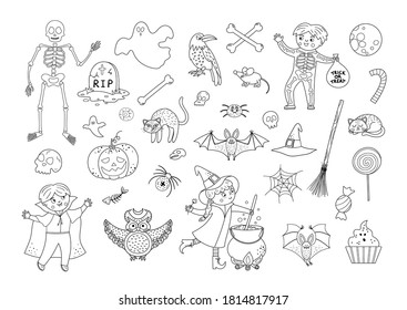 Big set of vector black and white Halloween elements. Traditional Samhain party clipart. Scary collection with jack-o-lantern, spider, ghost, skull, bats, witch, vampire. Autumn holiday coloring pages