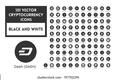 Big set of vector black and white cryptocurrency icons. White icons in black circles on a white background.