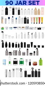 Big set vector blank templates empty and clean multicolor plastic and glass containers: 
bottles with spray, dispenser and dropper, cream jar, tube. 
Realistic 3d mockup of cosmetic package. 