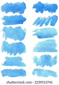 Big set of vector blue brush strokes.Watercolor texture splatters. Grunge rectangle text boxes. Frames for text or quote.
