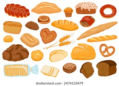 Big set vector bread products Template page design food with bakery food Rye bread and pretzel, muffin, pita, ciabatta, wheat and whole grain bread, variety buns, toast bread, baguette for menu bakery