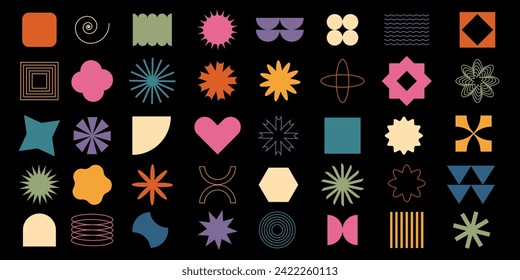 Big set of vector brutalist geometric shapes. Trendy abstract minimalist figures and elements. . Modern trendy graphic elements. Illustration in retro colors. Groovy 90 s, 70s. Bauhaus memphis design.