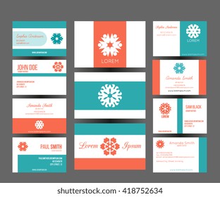 Big set of vector business cards layout templates. Front and back side. Brand identity design with minimalistic mandala logo. Modern geometrical style.