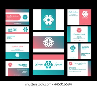 Big set of vector business cards layout templates. Front and back side. Brand identity design with minimalistic mandala logo. Modern geometrical style.
