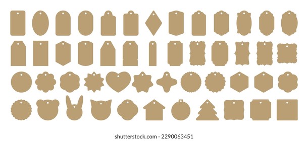 Big set of vector cardboard gift tags, name card, discount label. Templates for cookie cutters or vintage labels. Kraft paper or cardboard label for gift wrapping in retro style. Sticker template.