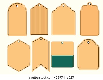 Big set of vector cardboard gift tags name card, discount label, Kraft paper or cardboard label for gift wrapping in retro style vector illustration,