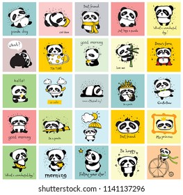 Big set of vector cards with cute pandas and funny lettering