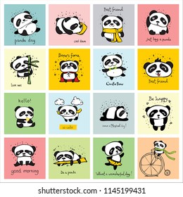 Big set of vector cards with cute pandas and funny lettering