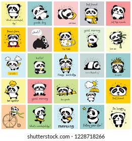 Big set of vector cards with cute pandas and funny quotes for kid's interiors, banners and posters.