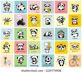 Big set of vector cards with cute pandas and funny quotes for kid's interiors, banners and posters.