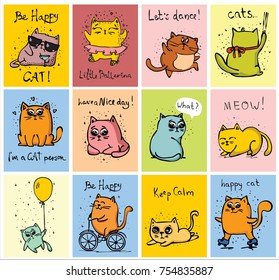 Big set of vector cards with cute funny cats and hand drawn text
