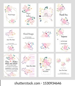 BIG set of vector cards with flowers,leaves and geometric. Botanic  Design for banner, wedding, poster, invitation, cover, placard, brochure, header.