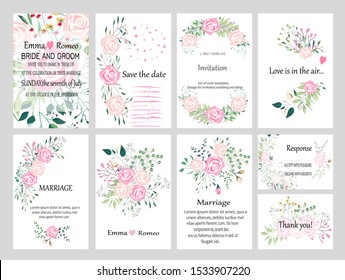 BIG set of vector cards with hand drawn flowers,leaves. Botanic  Design for banner, wedding, poster, invitation, cover, placard, brochure, header.