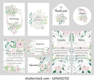 BIG set of vector cards with hand drawn roses,leaves. Wedding concept. 