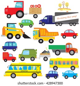 Big set of vector cars, dumper, truck, bus, tractor. 