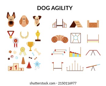 Big set of vector cartoon icons with dogs, awards, bones and different types of obstacles. Pet training equipment for agility championship, parks, playgrounds, dog shows and sport centers. 