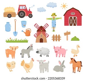 Big set of vector childish flat cartoon illustrations isolated on white. Tractor, barn, scarecrow and cute farm animals. Mill, fence, rabbit and donkey