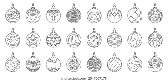 Big set vector christmas ball doodle style. Hand drawn black and white isolated globe decorative for christmas trees, new year and christmas bauble coloring page. Vector illustration