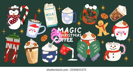 Big set of vector Christmas drinks collection. Mugs of cocoa with marshmallow for Xmas, New year or winter holidays. Flat cartoon different hot beverages and cookies. Cozy winter stickers