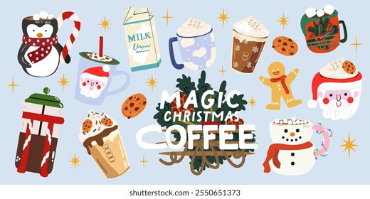 Big set of vector Christmas drinks collection. Mugs of cocoa with marshmallow for Xmas, New year or winter holidays. Flat cartoon different hot beverages and cookies. Cozy winter stickers