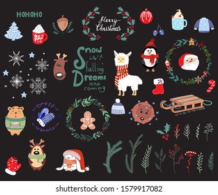 
Big set of vector christmas elements. Christmas stickers. Holiday patches for your design. Hand-drawn.  New Year and Merry Christmas. Vector illustration.