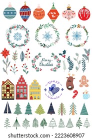 Big set of vector christmas elements. Christmas stickers. Holiday patches for your design. Hand-drawn.  New Year and Merry Christmas. Vector illustration.