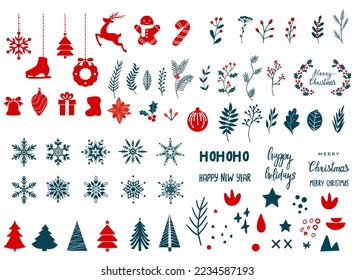 Big set of vector christmas elements. Christmas stickers. Holiday patches for your design. Hand-drawn.  New Year and Merry Christmas. Vector illustration.