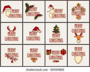 Big set of vector Christmas hand drawn doodle greeting cards with hand written words and misc symbols. 