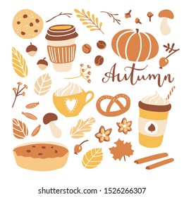 Big set of vector clip art Autumn. Fall season illustration in flat style. Hand drawn leaves, coffee cups, pumpkin, cookies and spices. Collection of cute simple elements.