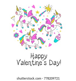 Big set of vector clipart on the theme of Love. Unicorns, heart, balloons, rainbow, flowers, a magic wand, a cake. For design postcards, print on textile, mugs, phones, t-shirts.