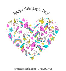 Big set of vector clipart on the theme of Love. Has a heart shape . Unicorns, heart, balloons, rainbow, flowers, a magic wand, a cake. For design postcards, print on textile, mugs, phones, t-shirts.
