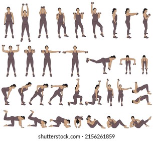 Big set of vector colored silhouettes of girl  working out with dumbbells. Illustrations of sportive woman  in costume doing fitness exercises with weights for muscles of legs and arms. Fintess Icons.