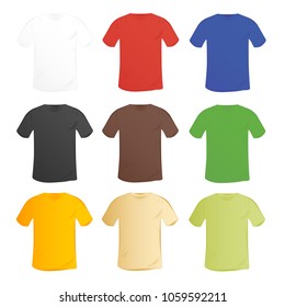 big set of vector colorful blank t-shirt mockup with a round collar in a different style. isolated on white background. classic t-shirt design template.